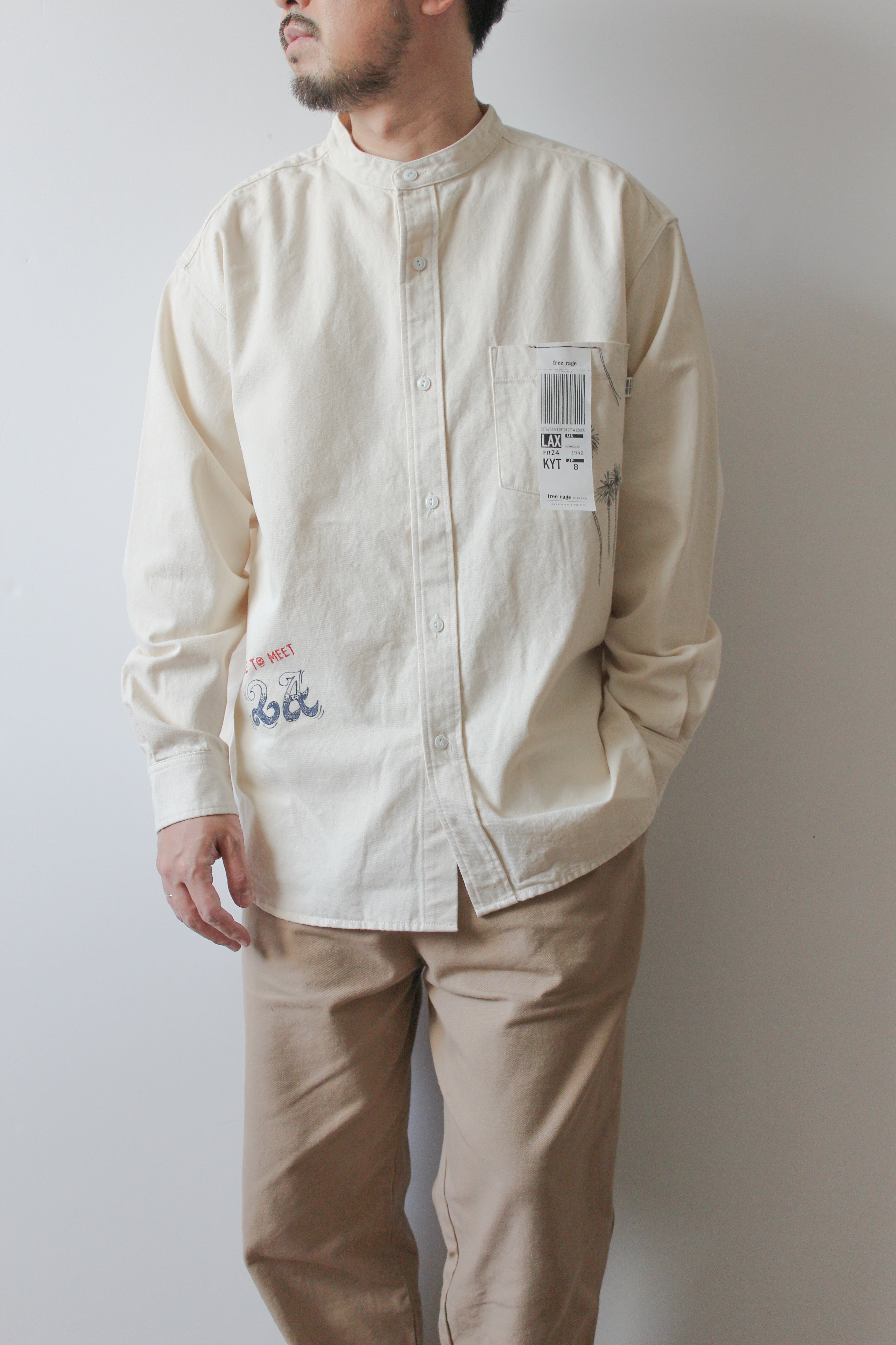 "NICE TO MEET...LA" ハンドペイントデニムシャツ