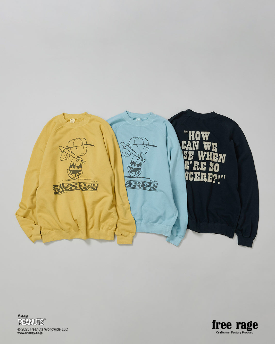 予約商品・【PEANUTS×free rage】CharlieBrown ラグランクルースウェット