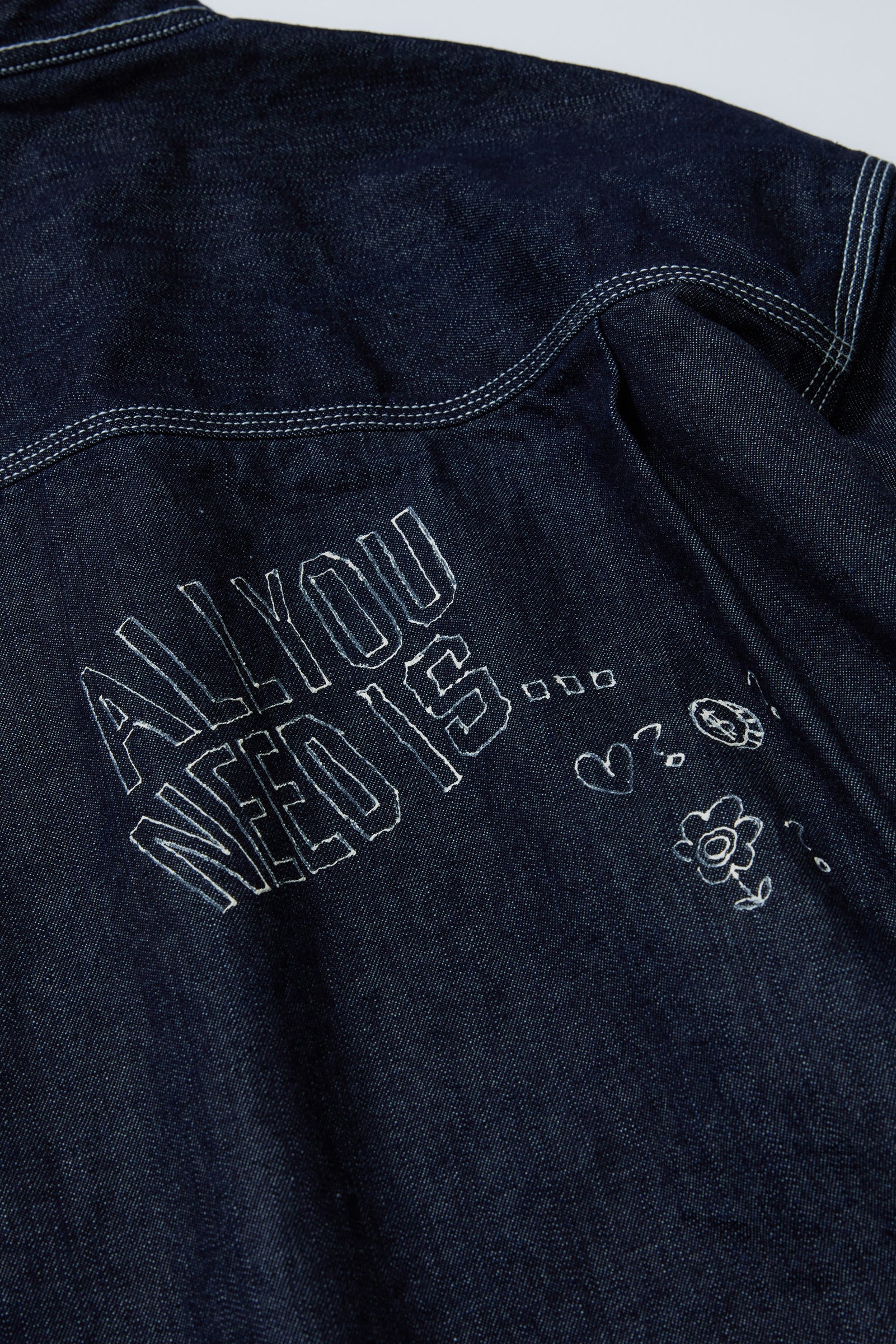 "ALL YOU NEED IS..." ノーカラーデニムシャツ