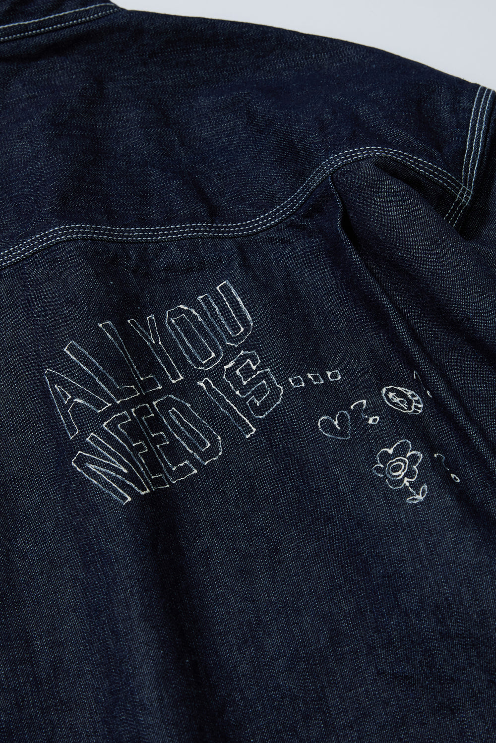 "ALL YOU NEED IS..." ノーカラーデニムシャツ